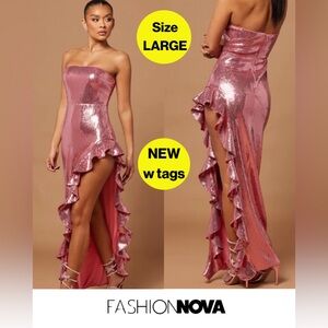 NEW w TAGS 🏷️ FASHION NOVA Luxe Sequins Strapless Gown, Ruffled Edge (Large)
